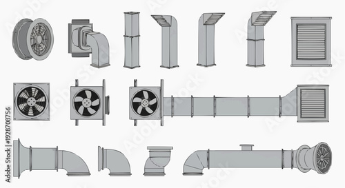 Industrial ventilation system components illustration showcasing ducts, fans, and pipes in a technical isometric view
