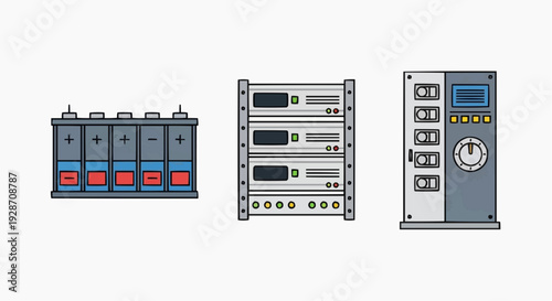 Electronic devices and equipment are displayed in a row, showcasing various machines and control panels in a technical environment from a straightforward viewpoint