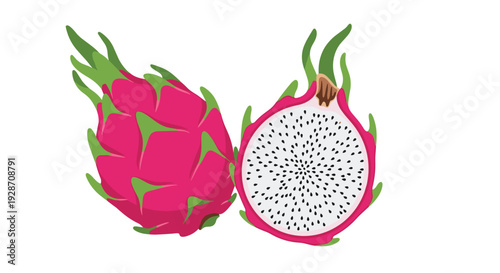 Two vibrant pink dragon fruits, one whole and one perfectly sliced in half revealing its white flesh and black seeds.