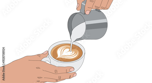 A pair of hands expertly pours steamed milk from a metal pitcher into a white coffee cup, creating beautiful latte art.