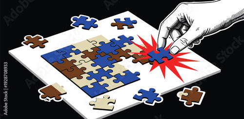 A hand placing the final piece into a jigsaw puzzle on a white background from a top view