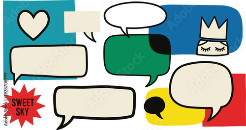 Collection of colorful speech bubbles and emotive icons on a plain background viewed from directly above