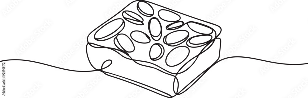 Obraz premium Chocolate brownie with sliced almond nuts toppings isolated on white background - Continuous one line drawing. one line art icon drawing vector