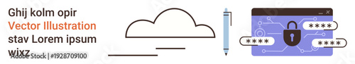 Cloud computing, data protection, password security, online privacy, cyber safety, technology. A cloud icon, password-protected browser and pen. s cloud computing and cybersecurity