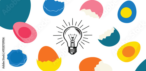 Creative lightbulb surrounded by colorful abstract shapes and vibrant designs in a modern illustration