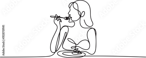 continuous single drawn one line fat woman eating a hand-drawn picture silhouette. one line art icon drawing vector