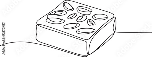 Chocolate brownie with sliced almond nuts toppings isolated on white background - Continuous one line drawing. one line art icon drawing vector