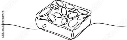 Chocolate brownie with sliced almond nuts toppings isolated on white background - Continuous one line drawing. one line art icon drawing vector