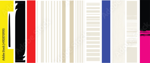 A vibrant abstract composition featuring assorted colorful stripes and rectangles in a dynamic arrangement from a frontal viewpoint