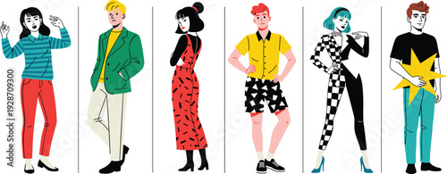 A diverse group of six individuals standing in a row, each wearing unique outfits and posing in various stances, showcasing different styles and fashion trends from a frontal viewpoint.
