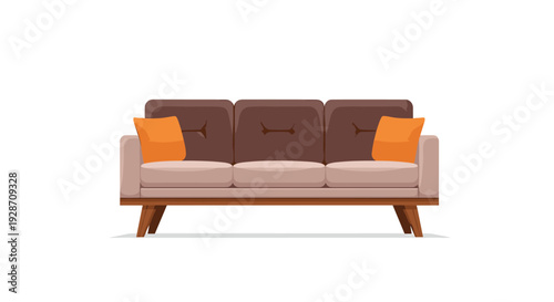A classic three-seater brown and beige sofa, featuring two vibrant orange cushions and elegant wooden legs, is positioned directly in front.