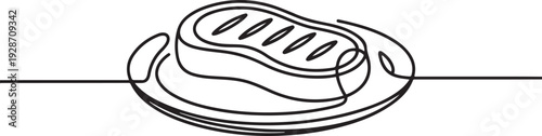 Steak on plate, continuous line on transparent background. one line art icon drawing vector