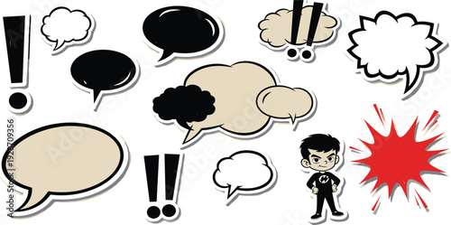 Cartoon character surrounded by various speech bubbles and exclamation marks in a comic style illustration