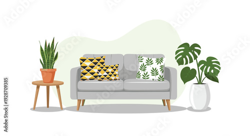 A grey two-seater sofa with geometric and leaf-patterned cushions is flanked by a snake plant on a small table and a large Monstera plant on the floor.