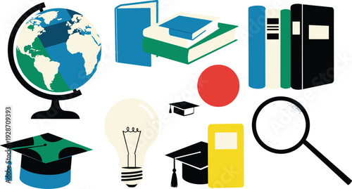 Education and research icons representing global knowledge and academic achievements from various viewpoints