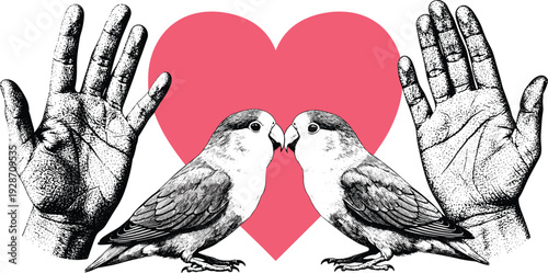 Two birds perched on hands about to kiss in front of a large heart symbolizing love and affection