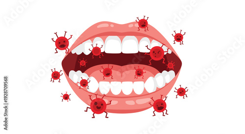 A cartoon illustration shows an open mouth with visible teeth and gums, surrounded by numerous red virus-like bacteria characters.