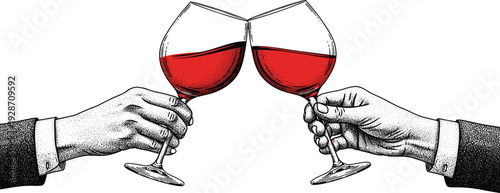 Two hands holding wine glasses in a toast, celebration, and friendship moment captured in an illustration