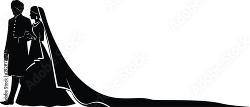 Elegant black silhouette of an Indian bride and groom walking hand in hand, symbolizing love, tradition, and a beautiful cultural wedding ceremony