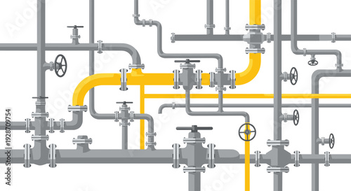 An intricate maze of grey industrial pipes features various black valves and several sections highlighted by bright yellow pipelines.