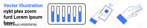 Bar graph with varying values, hand holding smartphone for contactless payment, and card transaction. Ideal for payment solutions, fintech, technology, statistics, banking, digital wallets simple