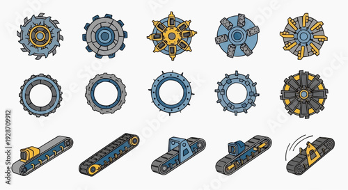 A collection of mechanical components and gears in various configurations and designs, showcasing intricate details from a direct viewpoint.