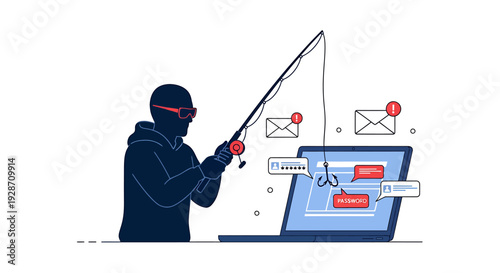 Cybercriminal phishing for personal data from laptop computer. Vector Illustrations. EPS Editable
