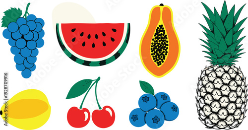 Assorted fruits including grapes, watermelon, papaya, pineapple, mango, cherries, and blueberries arranged together on a clean background from a straightforward viewpoint.