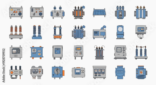Collection of various technical machinery and equipment illustrated in a grid layout, showcasing different industrial components and devices in a visually organized manner