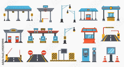 Various toll booths and road infrastructure elements illustrated in a grid layout