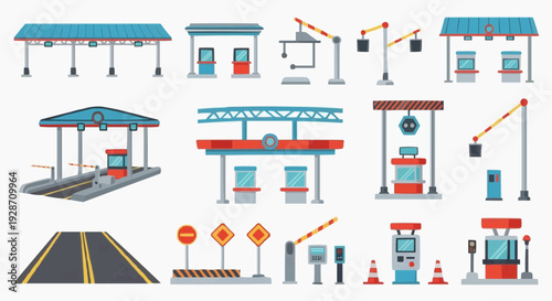 Collection of gas station elements including pumps, canopies, signs, and roadways illustrated in a modern flat design style