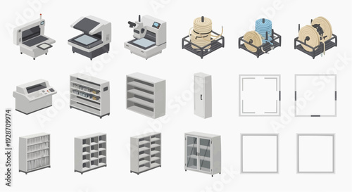 Various office equipment and furniture illustrated in a grid layout from a top-down viewpoint