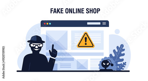 Cybersecurity threat Hacker in disguise targeting a fake online shop with warning signs. Vector Illustrations. EPS Editable