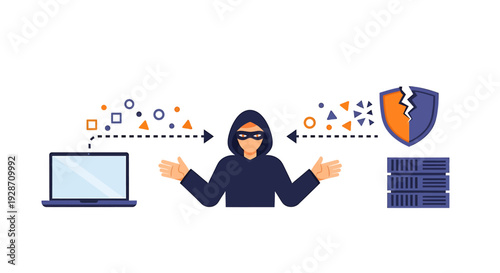 Cybersecurity Threat Hacker Stealing Data from Laptop to Server. Vector Illustrations. EPS Editable
