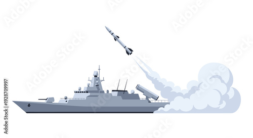 A sleek grey military warship navigates calm blue waters, launching a long-range missile with a dense white smoke trail.