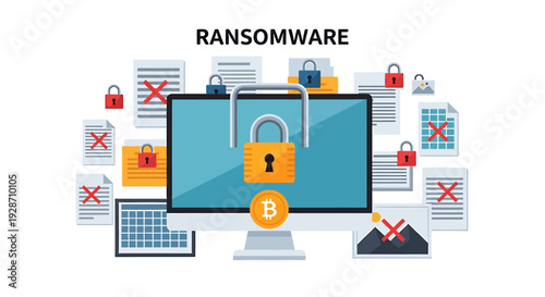 Ransomware Attack Concept with Locked Computer and Encrypted Files. Vector Illustrations. EPS Editable