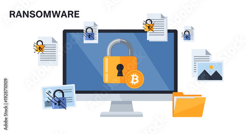 Ransomware Attack on Computer System with Encrypted Files and Bitcoin Payment. Vector Illustrations. EPS Editable