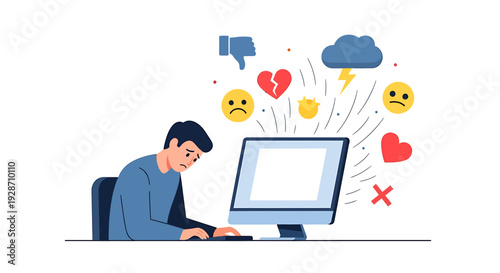 Sad Young Man Overwhelmed by Social Media Icons and Emotions. Vector Illustrations. EPS Editable