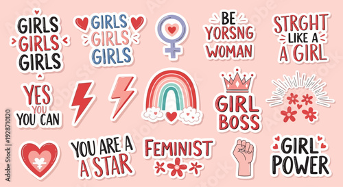 Feminist Girl Power Sticker Set with Inspirational Quotes and Cute Pink Illustrations