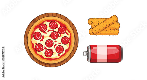 A savory pepperoni pizza rests on a round wooden board, accompanied by several fried cheese sticks and a red soda can.