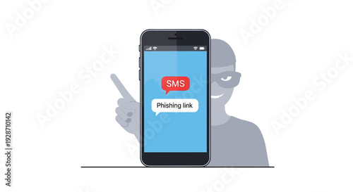 Smartphone displaying phishing SMS message with shadowy hacker figure behind it. Vector Illustrations. EPS Editable