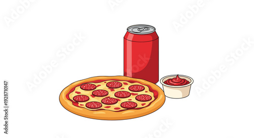 A delicious pepperoni pizza is presented alongside a vibrant red soda can and a small dipping cup of ketchup.