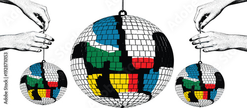 Hands holding mirrored disco balls reflecting colorful mosaic patterns in a festive atmosphere