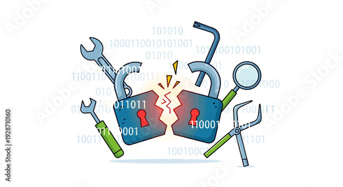 Broken Padlock with Binary Code and Tools Illustrating Cybersecurity Breach. Vector Illustrations. EPS Editable