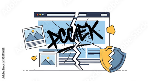 Broken Website Security Shield and Cracked Computer Screen. Vector Illustrations. EPS Editable