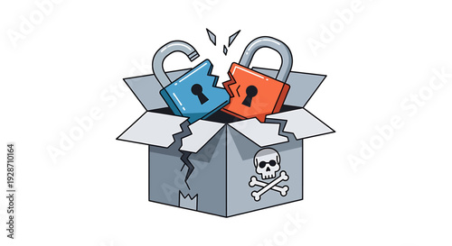 Broken Padlocks in a Damaged Box with Skull and Crossbones. Vector Illustrations. EPS Editable
