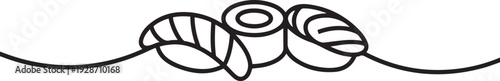 Japanese food illustration, three pieces of sushi, one continuous line, minimalist style, vector. one line art icon drawing vector