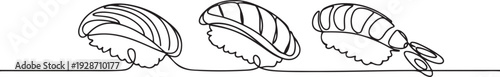 Japanese food illustration, three pieces of sushi, one continuous line, minimalist style, vector. one line art icon drawing vector