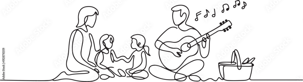 Fototapeta premium A family is having a picnic, playing music in one continuous line. one line art icon drawing vector