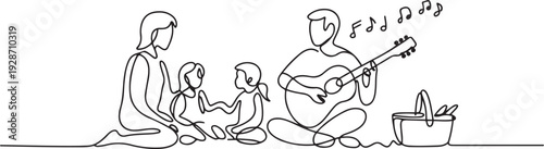 A family is having a picnic, playing music in one continuous line. one line art icon drawing vector